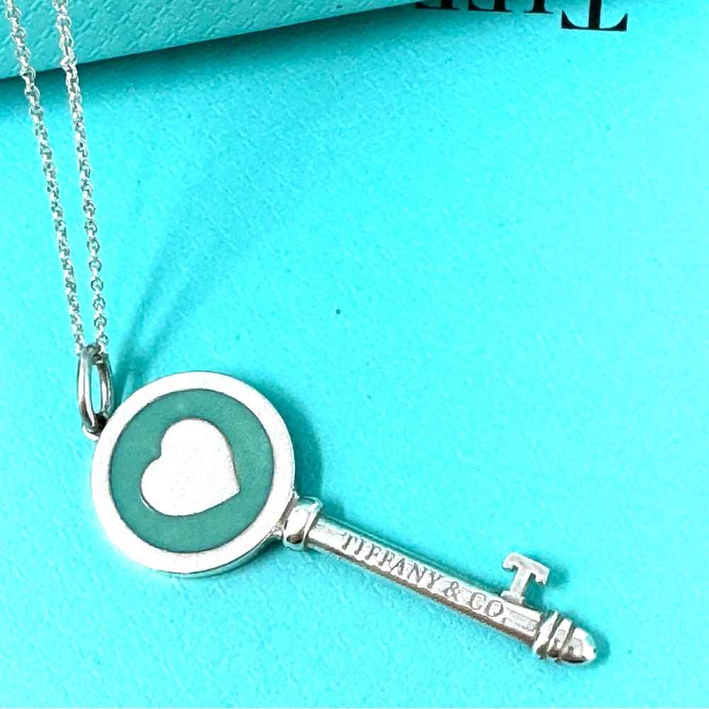 Authentic Tiffany & co. Enamel Blue Heart Key Pendant Necklace. - Picture 9 of 11